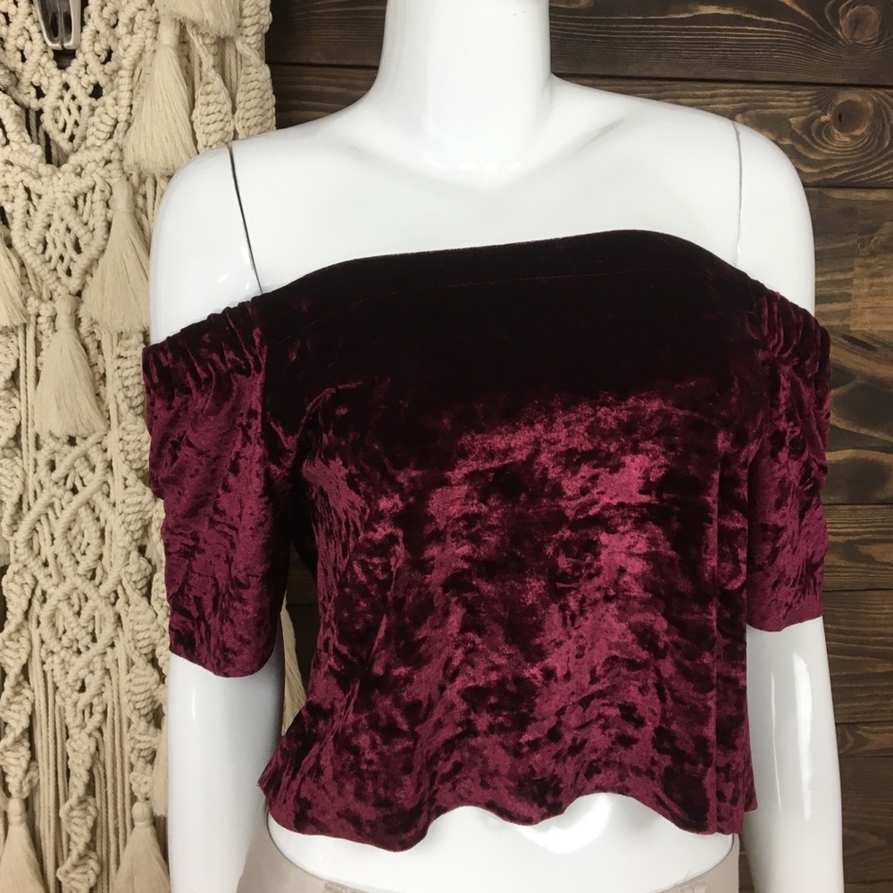 SHEIN | Crushed Velvet Off Shoulder Blouse Burgundy Color